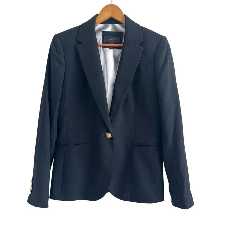J Crew Wool Blazer Size 6 Black Gold Crest Buttons Striped Lining Preppy Office